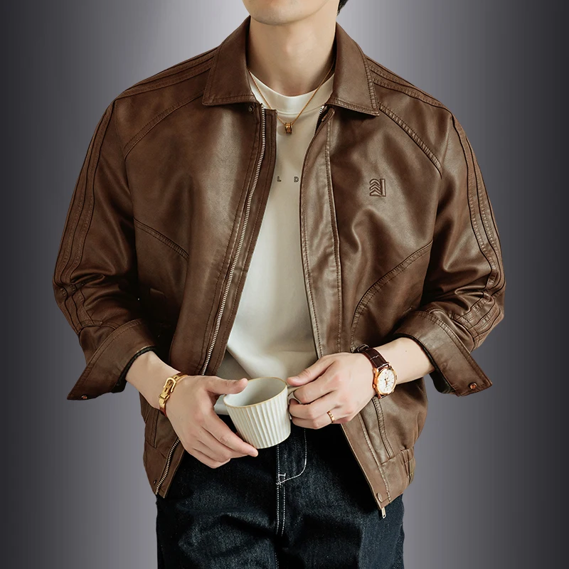 

Винтажная кожаная куртка, мужская мотоциклетная кожаная куртка в стиле панк с отложным воротником, молодежная модная верхняя одежда, повседневное кожаное пальто