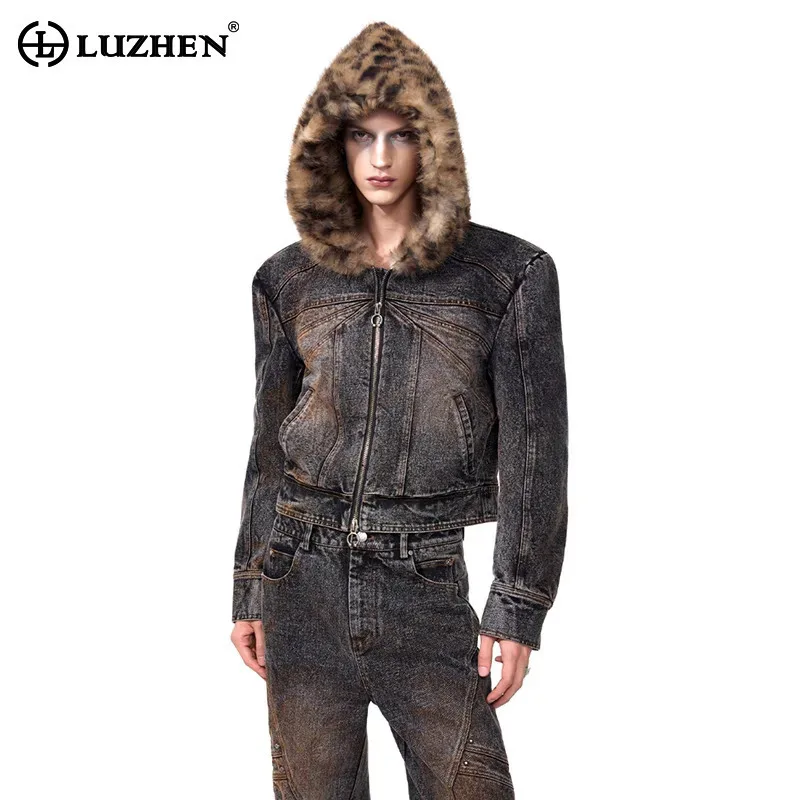 

LUZHEN 2025 Winter Fashion Leopard Print Faux Fur Hooded Denim Jacket Men Original Vintage Style Streetwear Male Clothes JY4961