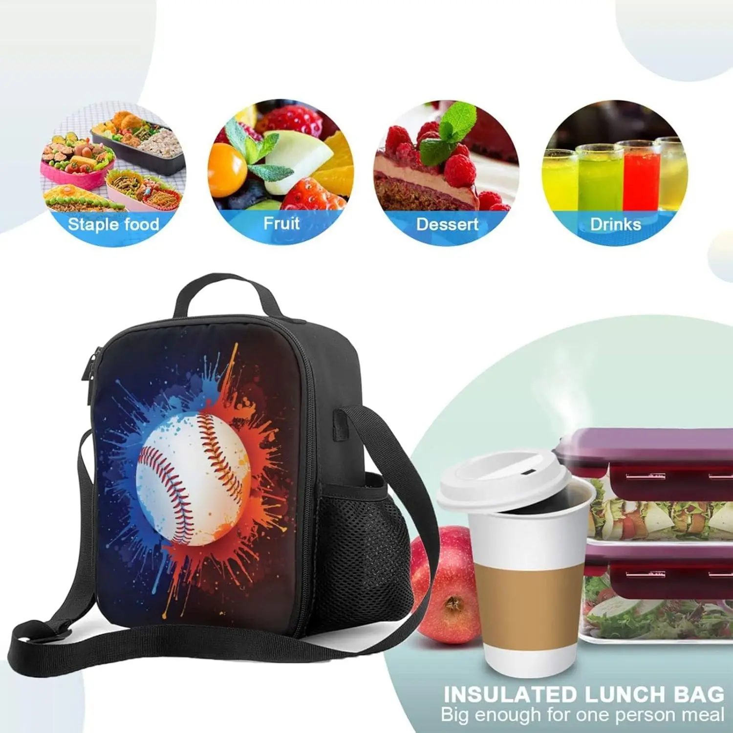 صندوق غداء للفتيات والأولاد، حقائب محمولة مضادة للتسرب من البيسبول مع حزام كتف قابل للتعديل، حقيبة حمل متينة وقابلة لإعادة الاستخدام