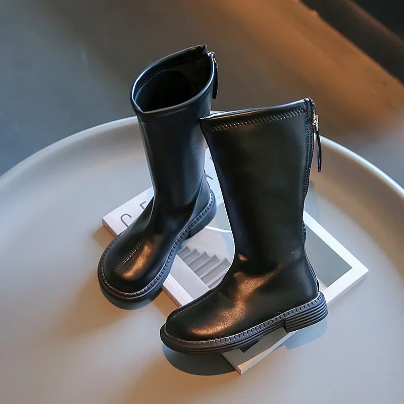 Dziecięce buty do kolan dla dziewczynek proste klasyczne modne dziecięce skórzane buty zamek błyskawiczny z tyłu długie motocyklowe zimowe nowe