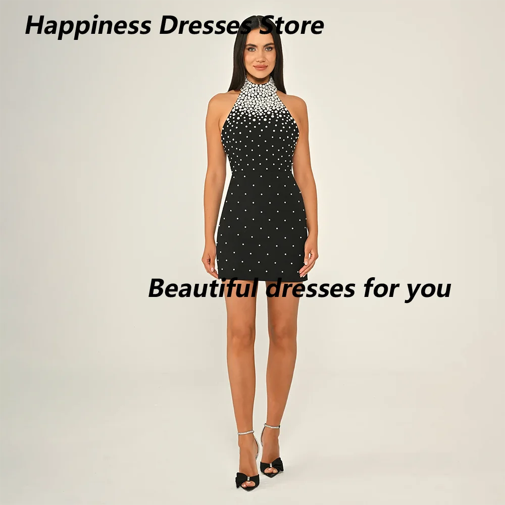 

Exquisite Beading Mini Prom Dress High Neck Sleeveless Sheath Homecoming Gown Sexy Backless Cocktail Party Gown Customized