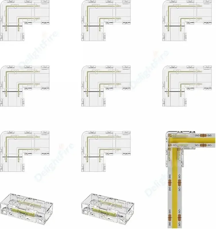 Conector LED COB de 4 pines, conexión sin soldadura de esquina en forma de L de 90 grados para tira de luz RGB CCT FCOB de 10mm