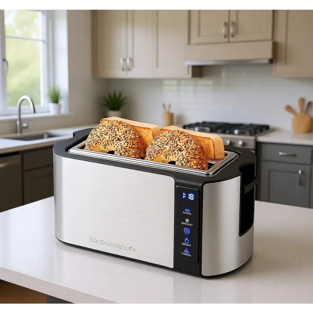 

Long Slot 4 Slice Toaster with Countdown Timer Bagel Defrost Cancel Warming Rack Wide Slots Stainless Steel