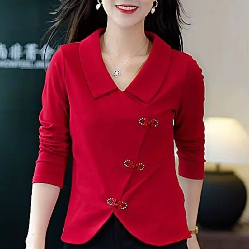 New Chinese Style Autumn New Long Sleeve T-shirt Women\'s Solid Polo Neck Irregular Button Fashion Simple Ladies Temperament Top