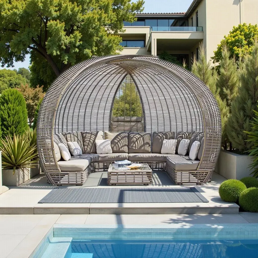 Custom outdoor rattan lounger bed - round bed recliner - trending for b&bs, gardens, hotels, and villas