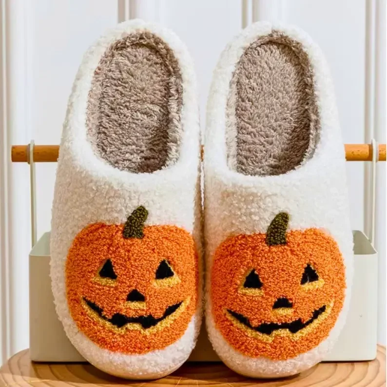 Cute Halloween Pumpkin Slippers Warm Winter Cotton Slippers Ghost Slipper Spider House Shoes Non Slip Soft Plush Halloween Gifts