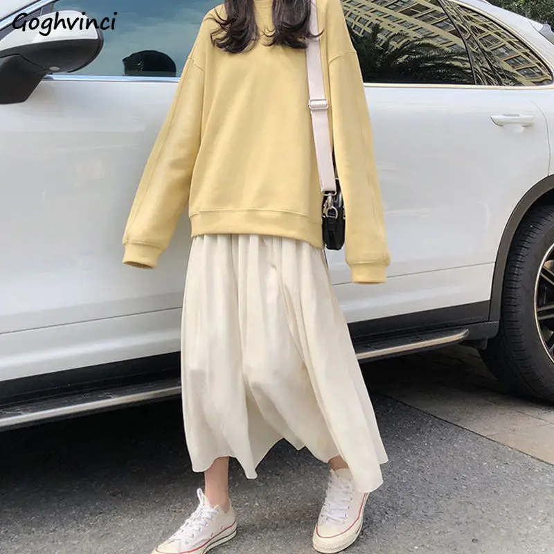 

Dress Sets Women Mid-calf Skirt Long Sleeves Solid Color A-line O-neck Loose Leisure Fashion Streetwear Cozy Pretty Gentle Ins