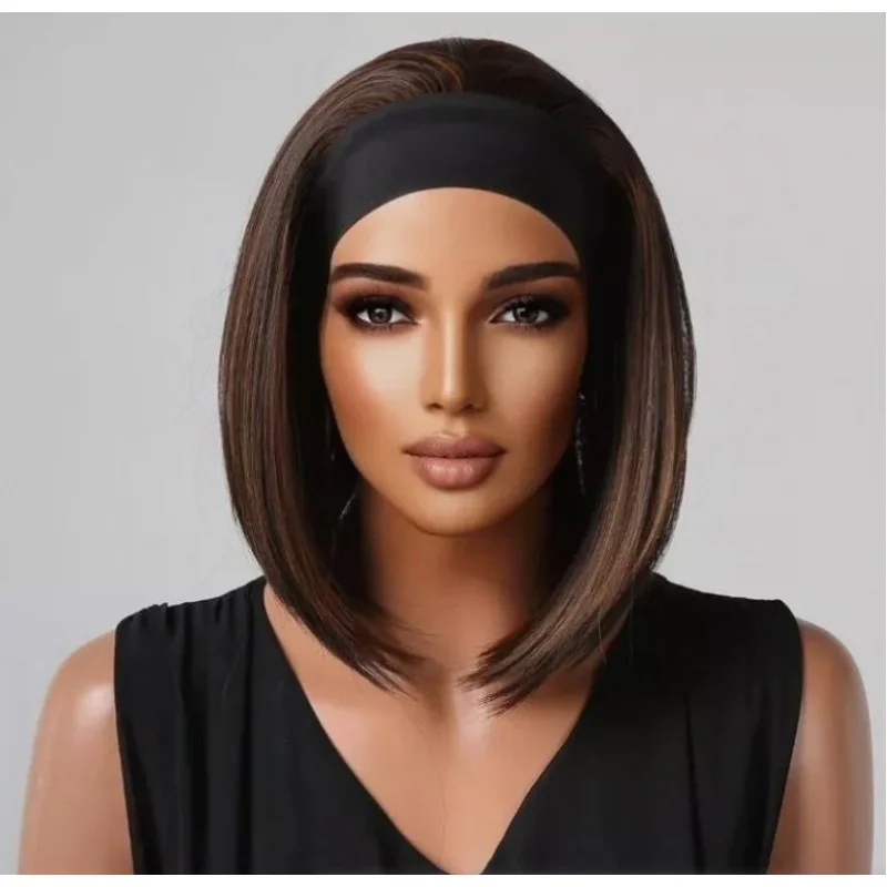 عصابة رأس صناعية مستقيمة قصيرة بنية مختلطة للنساء ذوات البشرة السمراء
