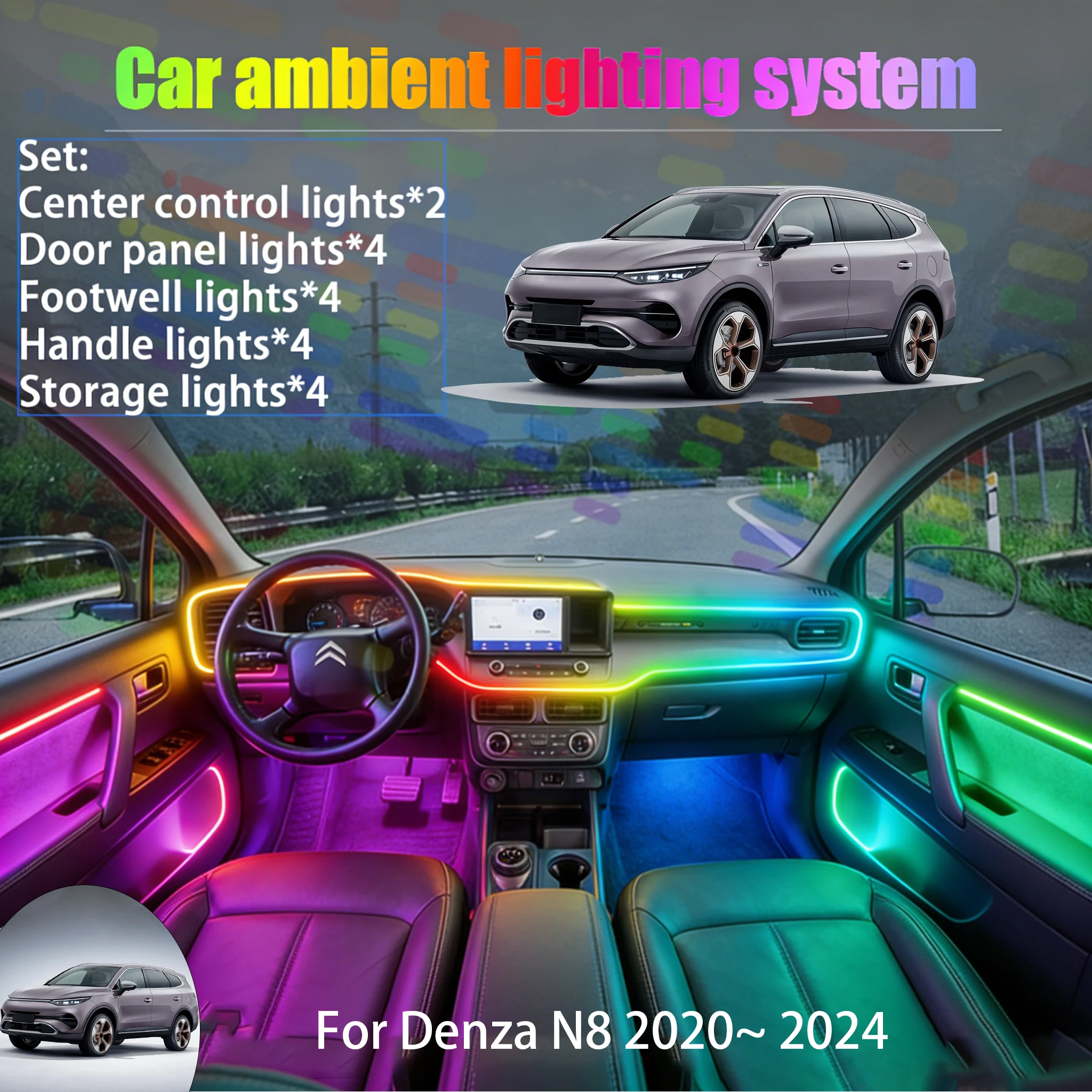 

For Denza N8 2020~ 2024 2/18 in 1 Car ambient lighting Led trunk interior led lights USB RGB Ensemble Streamer Auto Parts