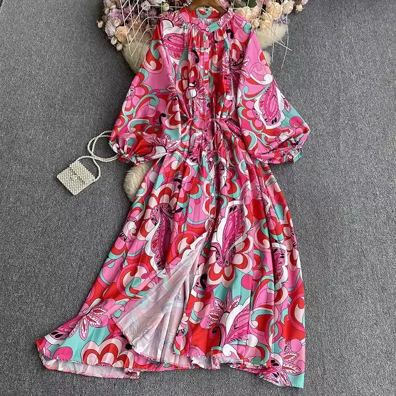 

Vintage Printed Folded Long Sleeved Dress 2024 Spring And Autumn Women Fashion Holiday Style Dress Maxi Beach Clothing Z4992