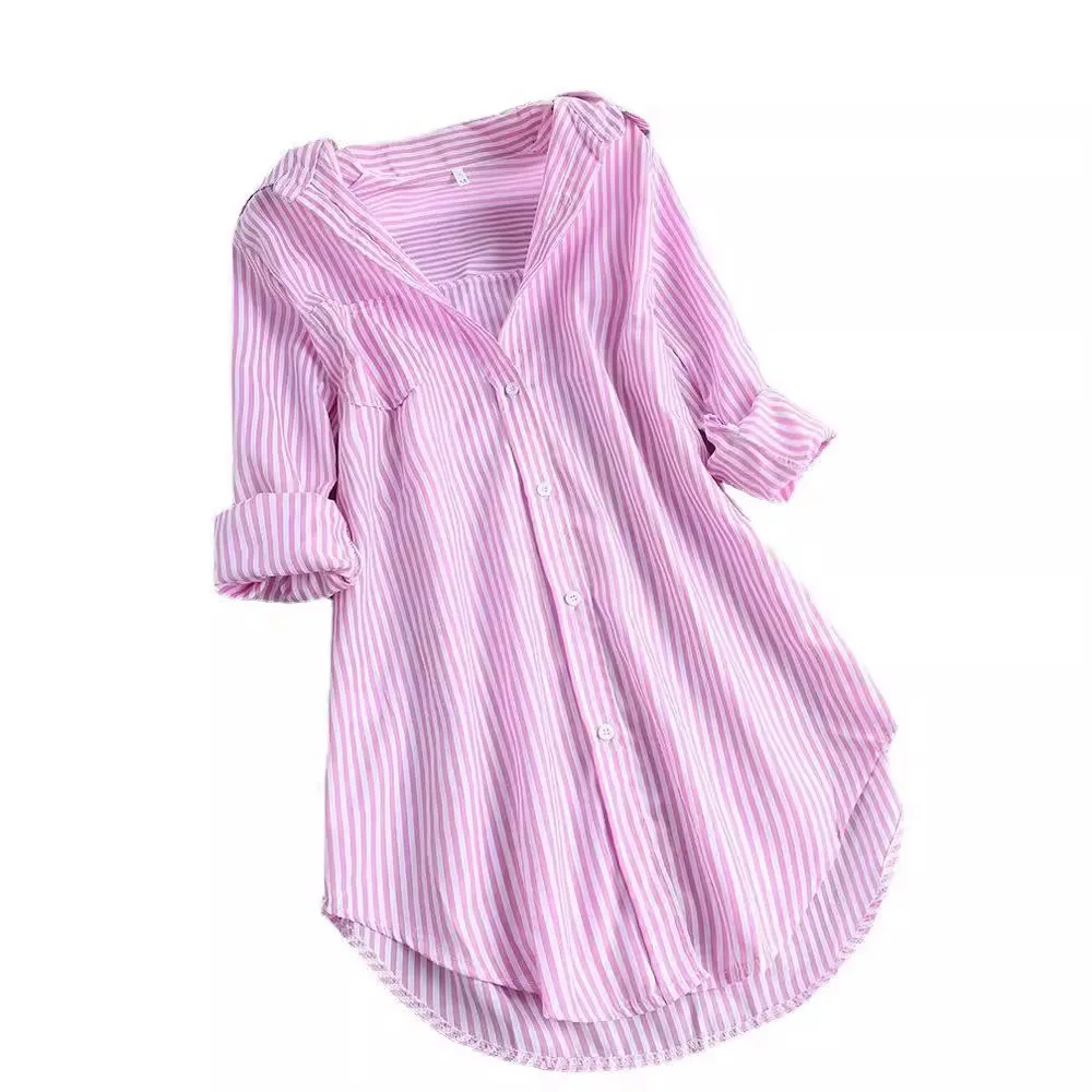 Ele gestreepte losse lange Sve-kraag Dames irt Lente Zomer Faionable Casual polyestervezelmix