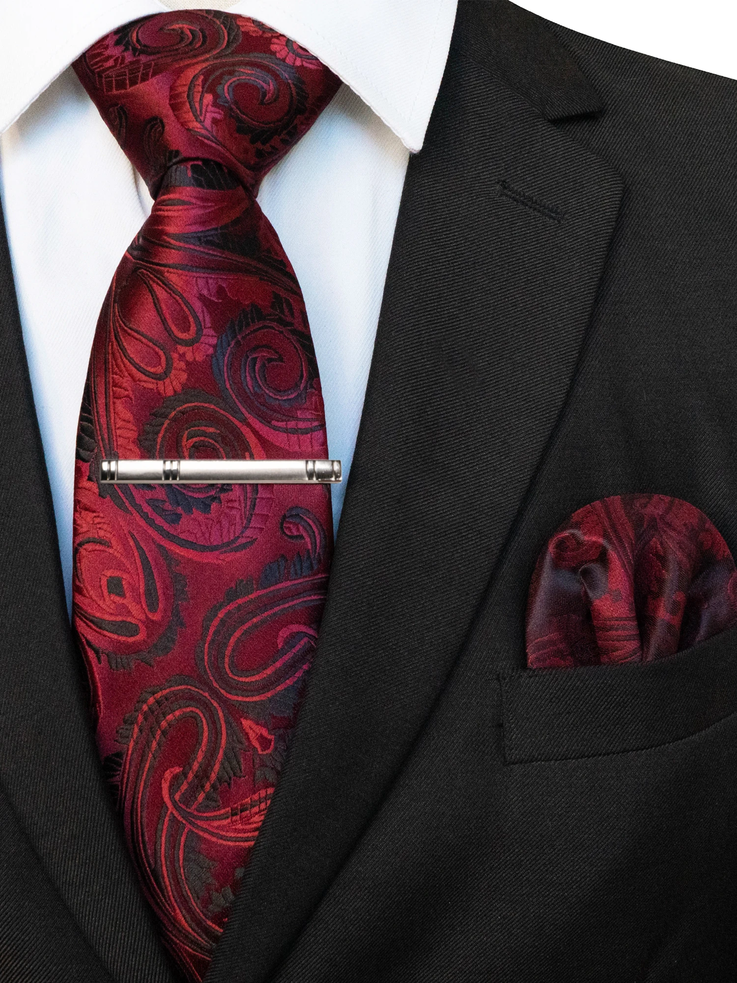 KAMBERFT Klassische Herrenkrawatte mit Krawattenklammer und Einstecktuch, 3-teiliges Set für Büro, Hochzeit, Party – Detail 13