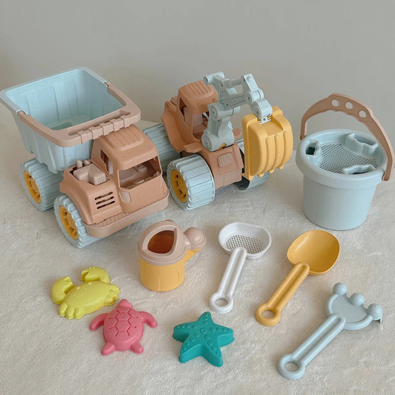 Juego de juguetes de playa para niños, carrito Bulldozer, Cubo de playa, paja de trigo, juego de playa, juego de agua y arena, juguetes para la nieve