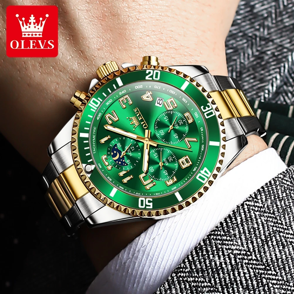 OLEVS 2926 Orologi da uomo Cronografo classico da sub di lusso Orologio al quarzo originale per uomo Fasi lunari in acciaio inossidabile impermeabile