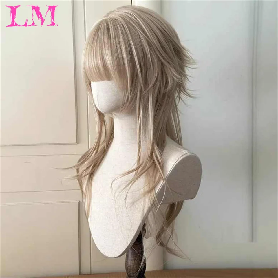 LM Wig Sintetis Keriting Panjang Poni Lurus Wanita Wig Keriting Panjang Anak Perempuan JK Ekor Kuda Ganda Lolita Halus Berbulu