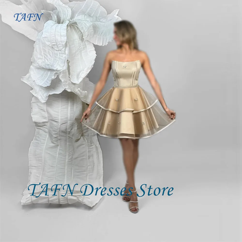 

TAFN Short Champagne Prom Party Dresses Birthday Strapless Beads Tiered Mini Cocktail Dress Birthday Event Gowns Customized