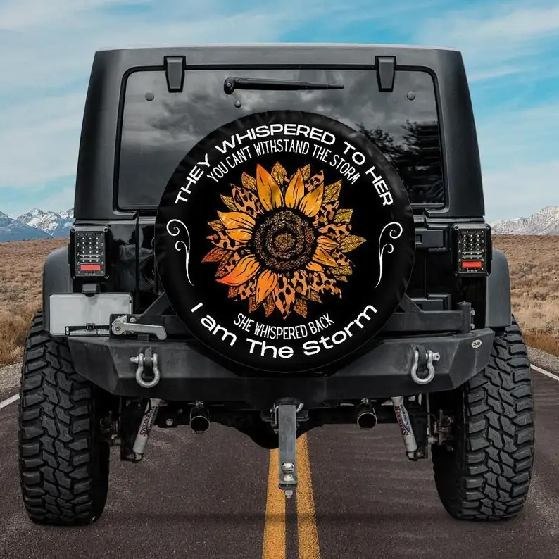 I am the Storm, Spare Tire Covers for Women, Orange Sunflower Tire Cover compatible with Jeep, Bronco, RVs and Campers, Backup c