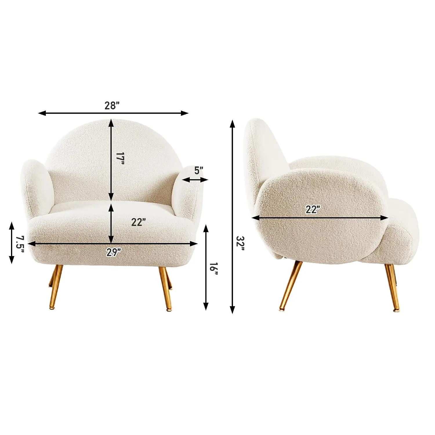 White Sherpa Accent Chair with Golden Metal Legs, Comfy Reading Chair for Bedroom & Living Room, Customized