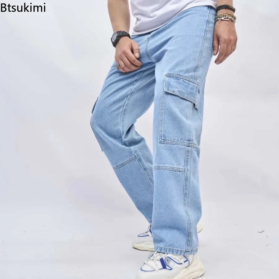 Men's New Style Solid Color Multi-pocket Jeans American Style Trend Loose High Street Wide-leg Fashionable All-match Long Pants