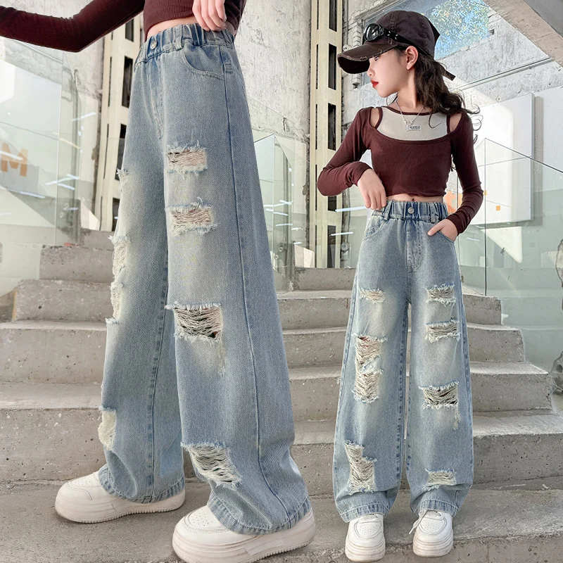 Children girls Retro Ripped Jeans Girls big Holes Fashion Street Cool Broken Denim Wide leg Pants Kids Destroyed Jeans Trousers