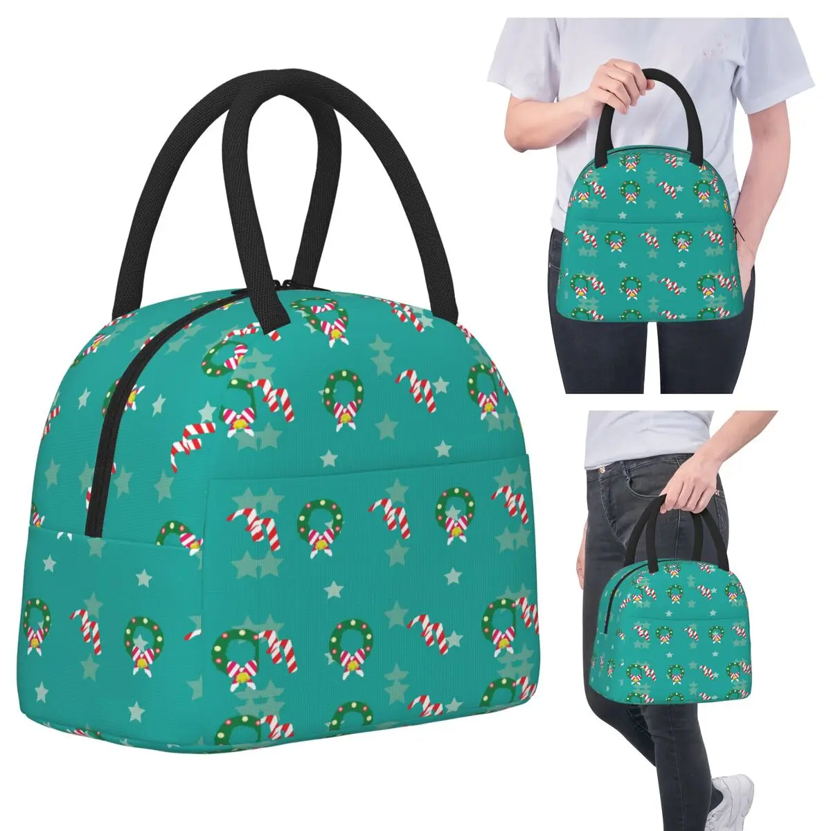 

The Cute Wreath With A Pair Of Candy Cane Insulated Lunch Bag for Women Cooler Thermal Food Box Tote Leakproof Lunch Boxes