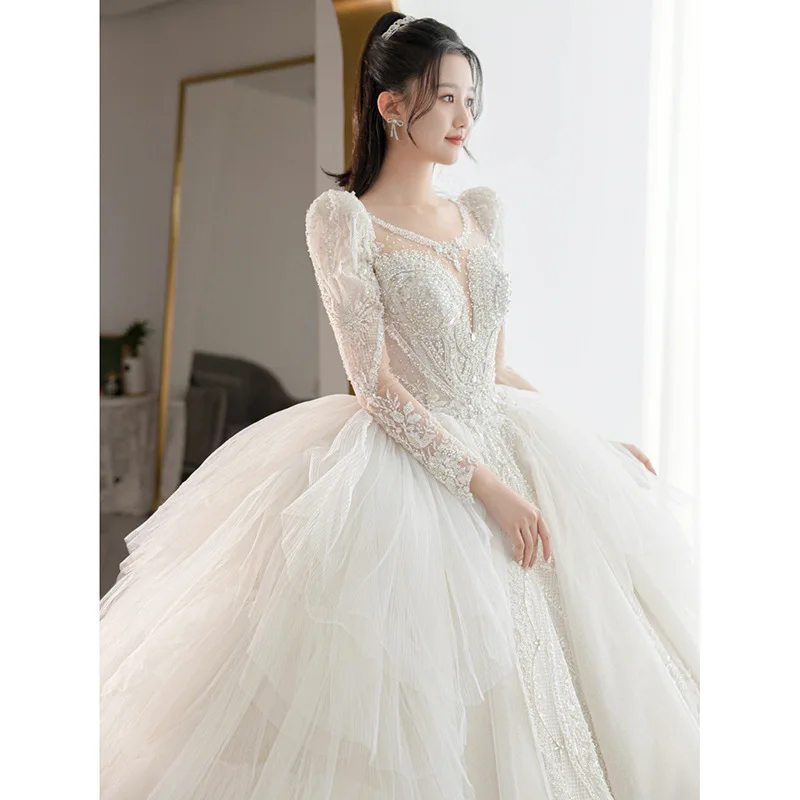 Luxry Beading Wedding Dress Sexy See Through Deep V Neck Bride Dress 2023 New Long Sleeve Winter Wedding Gowns Robe De Mariee