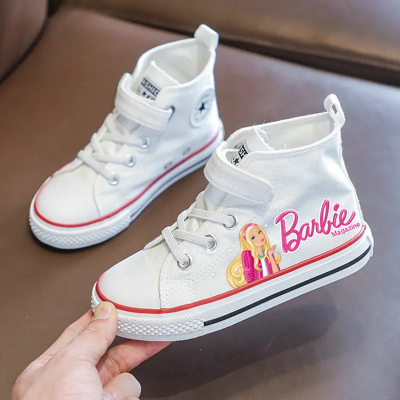 New Girls Barbie Shoes Teen Canvas Tennis Shoes Cartoon Barbie Girls White Canvas Shoes Children Casual Sneakers Size 25-36