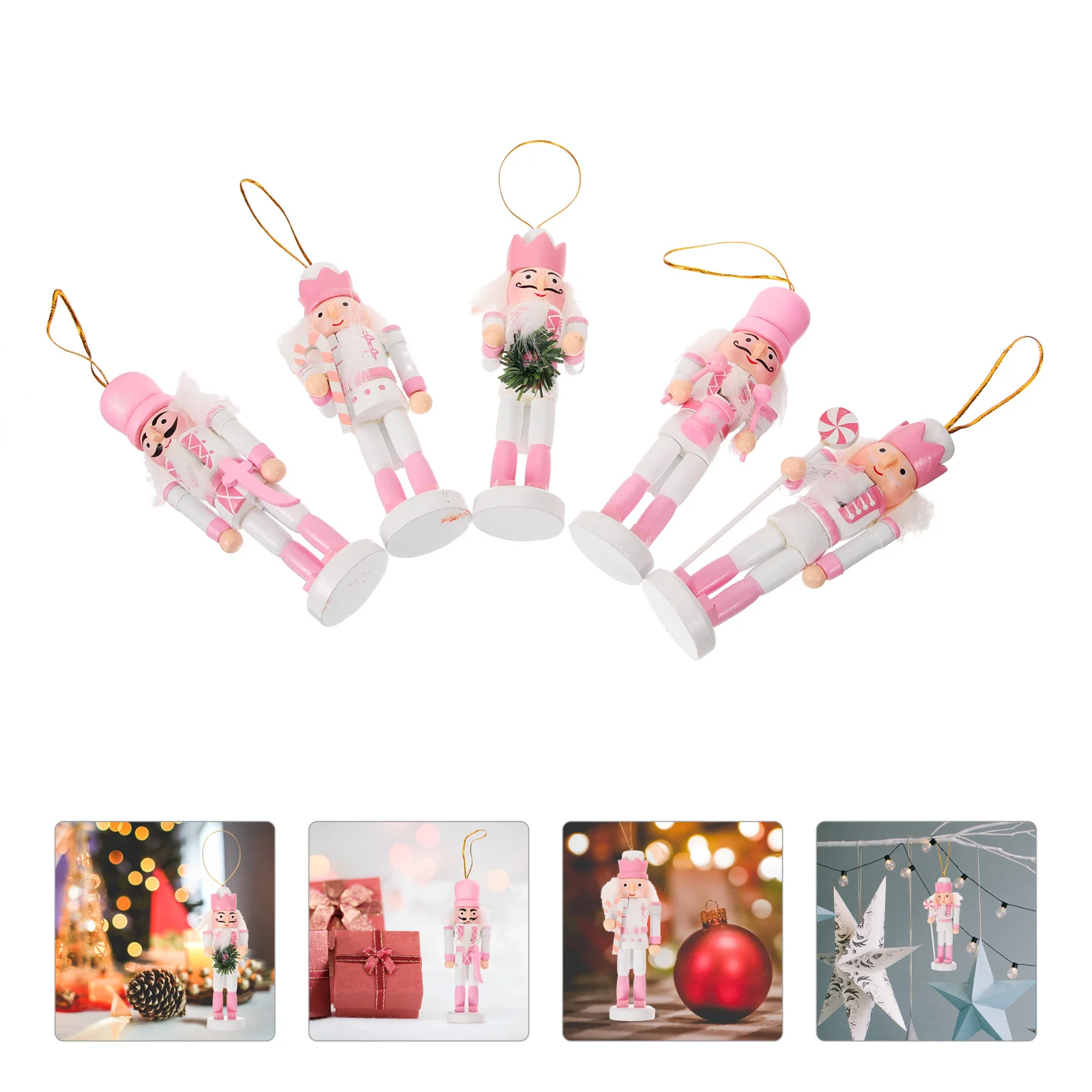 5 Pcs Macaron Pink and White Candy Nutcracker Set Five Gift Pendant Decorations Party Outdoor Soldier Desktop Wooden Craft Mini