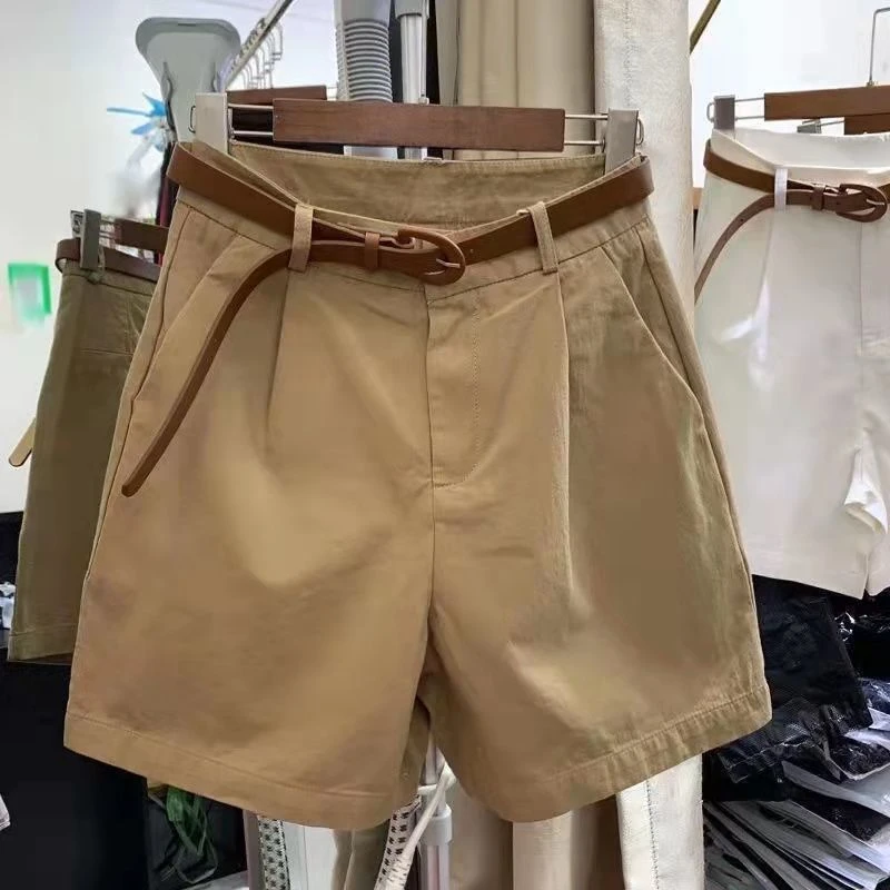 Korean Cotton Wide Leg Shorts Summer Fashion Loose Casual Shorts for Women with Belt Solid Color Rose Red Women's Short Pants