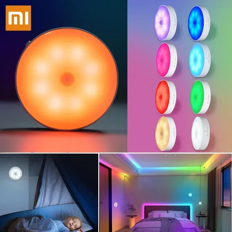 Xiaomi Night Light LED With PIR Motion Sensor Rechargeable USB Kitchen Cabinet RGB Lamp For Bedroom Room New Year Decoration