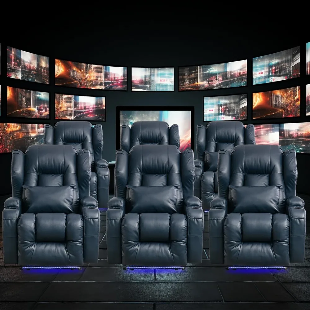 Power Recliner Chair with Massage & Heat, Comfy Home Theater Seating with USB Port, Led, Lumbar Pillow, Leather Recliner Sofa