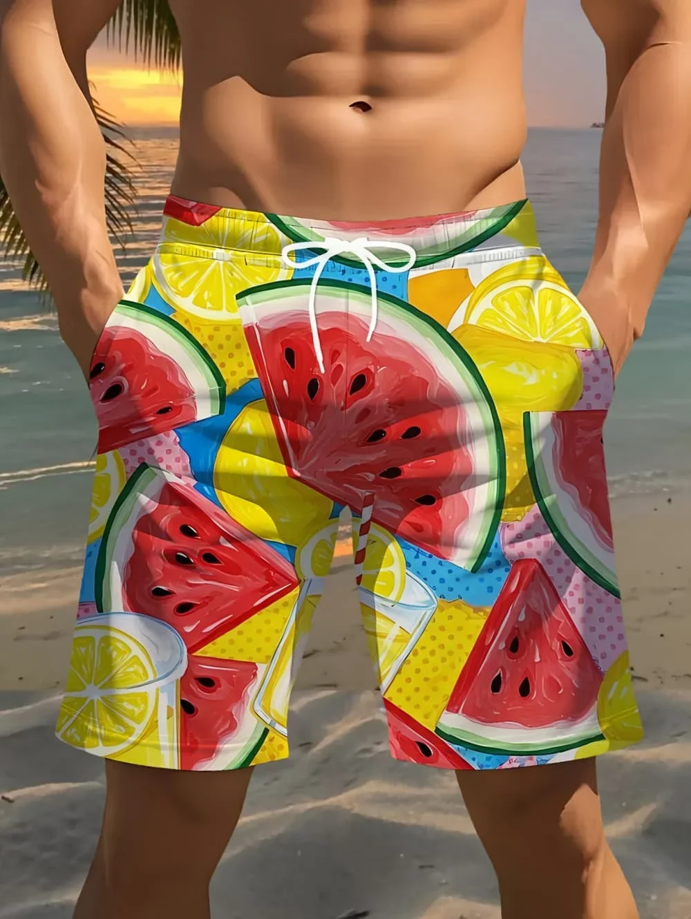 Summer Cartoon Fruits Graphic Swim Trunks for Men Fashion Beach Vacation 3D Printed Hawaiian Short Pants Loose Breathable Shorts