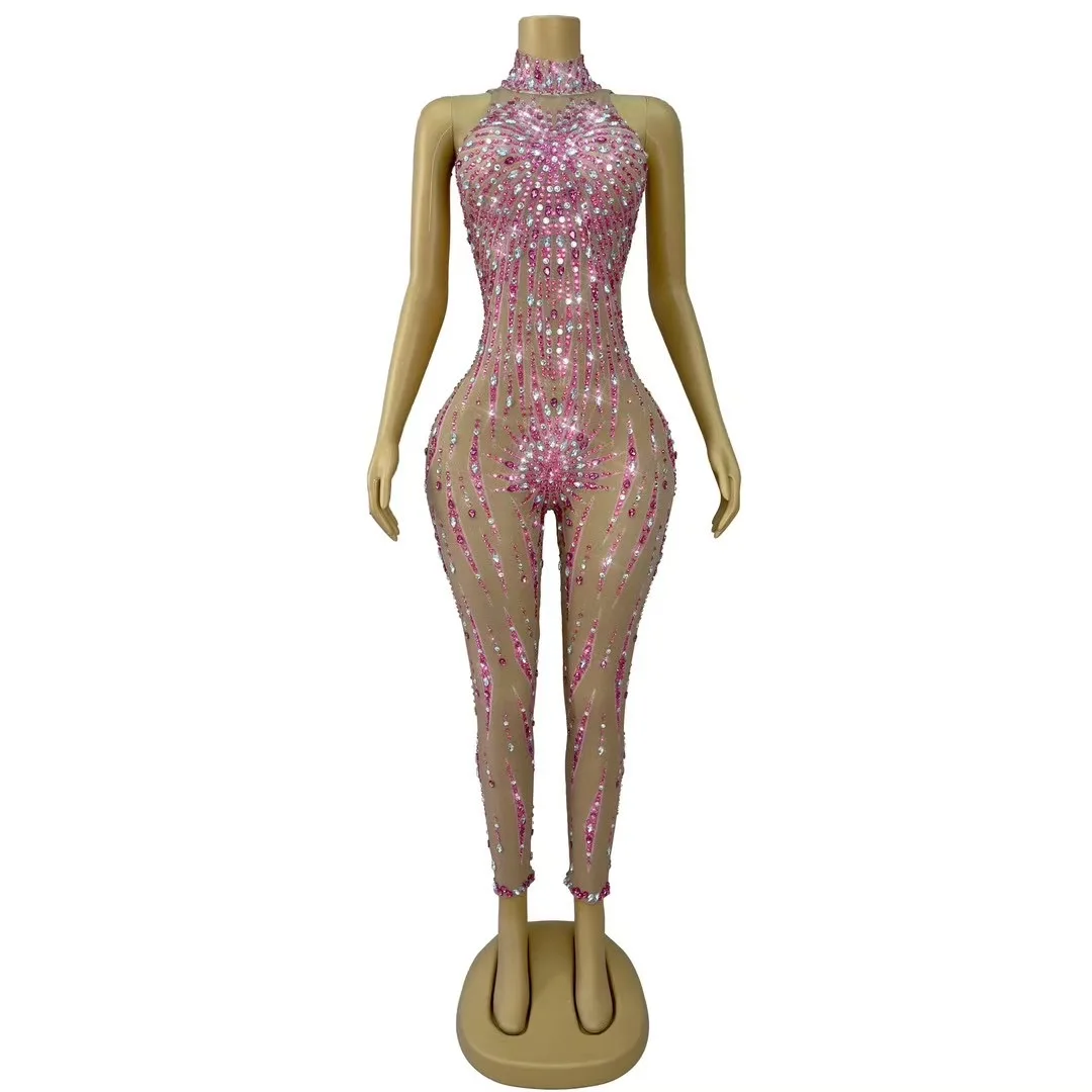 سباركلي الوردي الراين ضيق شبكة بذلة المرأة مثير أكمام أداء ملابس رقص شارع العليا نادي المرحلة ارتداء #1