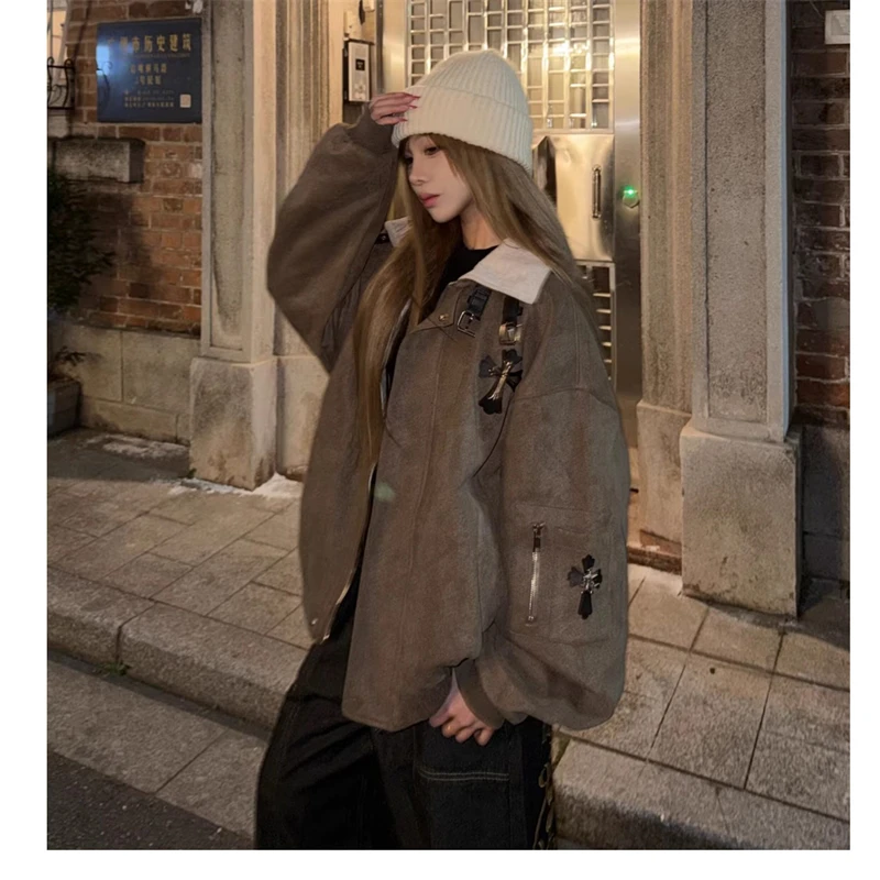 Women's Lapel Design Zipper Brown Jacket Unisex 2000s Clothes Vintage Long Sleeves Coat Warm Loose Outerwear