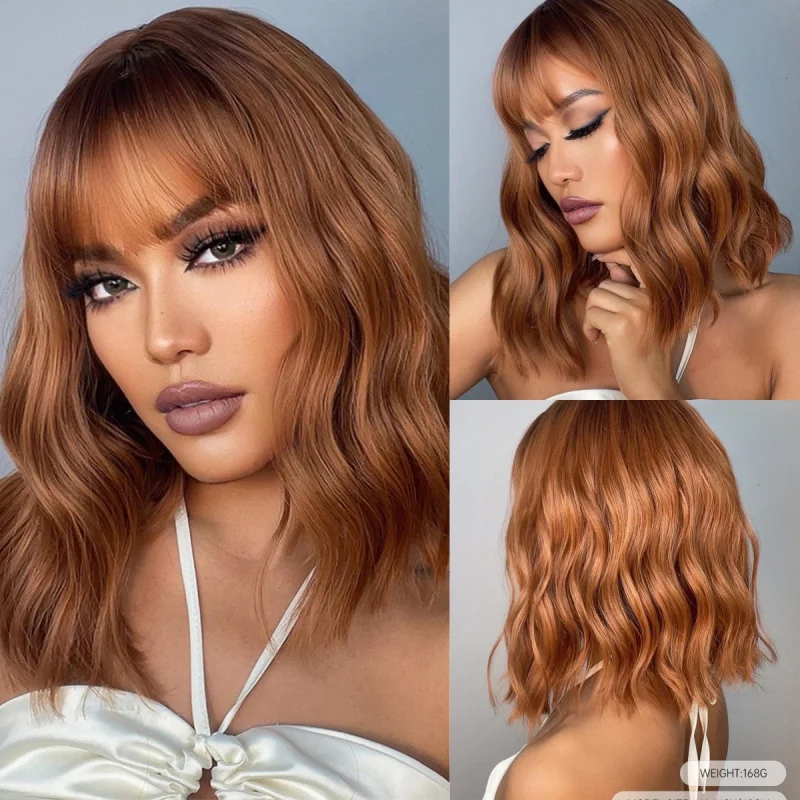 Peluca marrón para mujer con flequillo, estilo bob, aspecto natural para uso diario, cubre toda la cabeza, fibra sintética resistente al calor, producto de gran venta