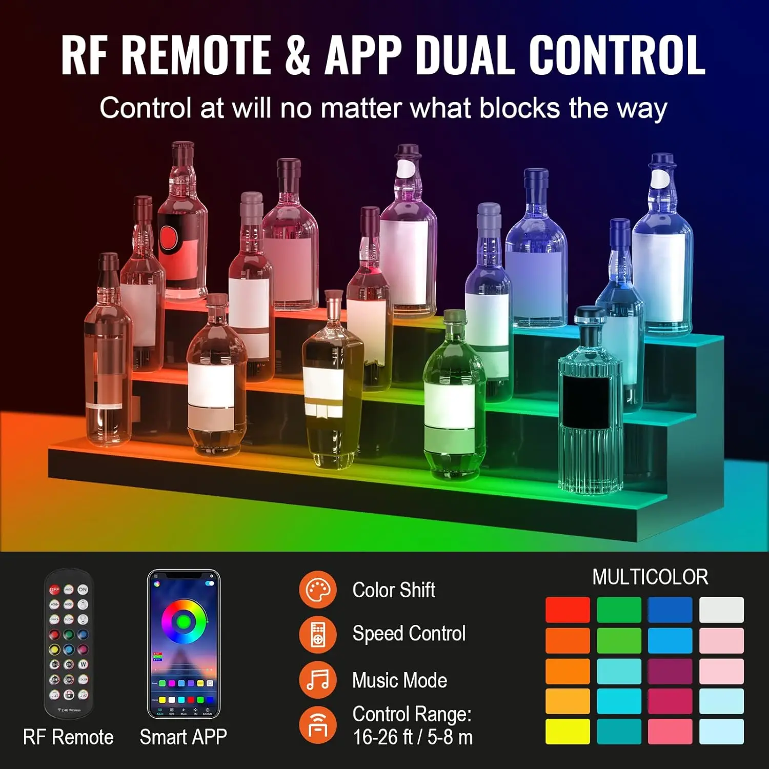 Rak Botol Minuman Berlampu LED, 3 Tingkat 40 Inci, Mendukung USB, Rak Bar Rumah Bercahaya