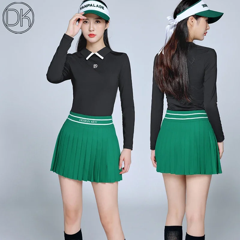 DK Lente Golf T-shirt met lange mouwen Dames Poloshirt met rits Terug Ademende tops Plooirok Anti-blootstelling Groene Skort-pakken