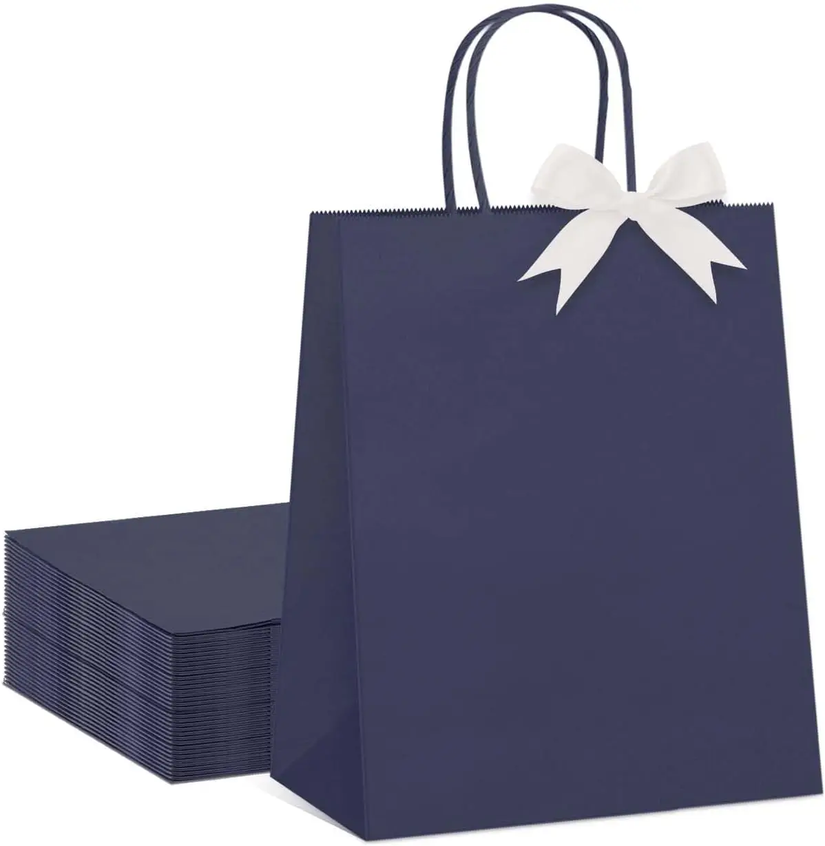 24 Stück Edle Geschenktüten Dunkelblau mit Schleifenband, 21 x 15 x 8 cm Papiertüten mit Henkel, Kleine Tragetaschen