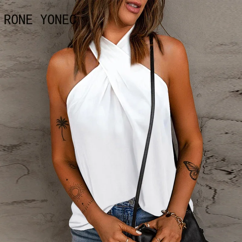 Women Chic Sexy Solid Halter Criss Cross Sleeveless Summer Camis White Crop Tops