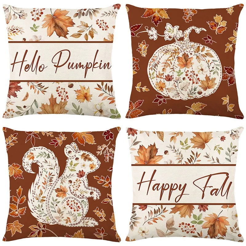 Thanksgiving Decor Pillow Case 45x45 Autumn Maple Leaf Pumpkin Linen Printed Pillowcase Home Sofa Decoration Cushion Cover Gifts