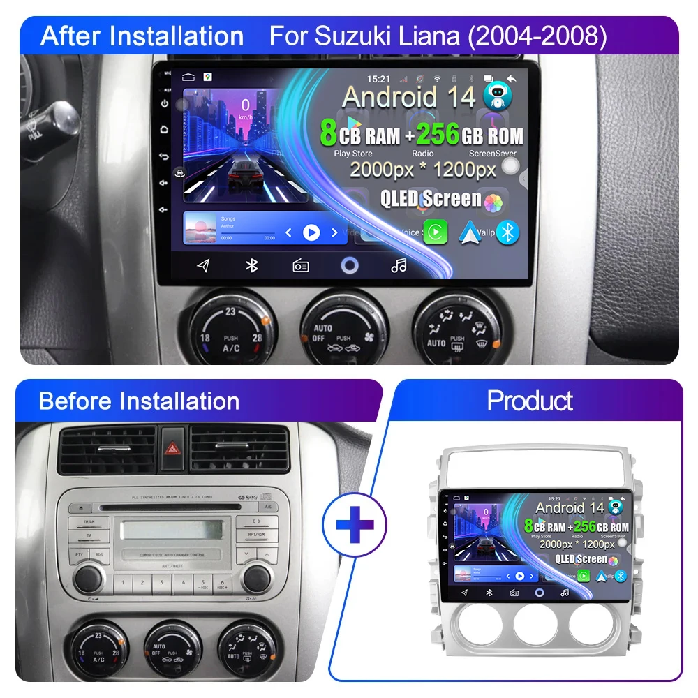 Android 14 For Suzuki Liana 2004 2005 2006 2007-2008 Car Radio 12GB+256GB Multimedia Navigation Wireless Carplay Stereo Screen