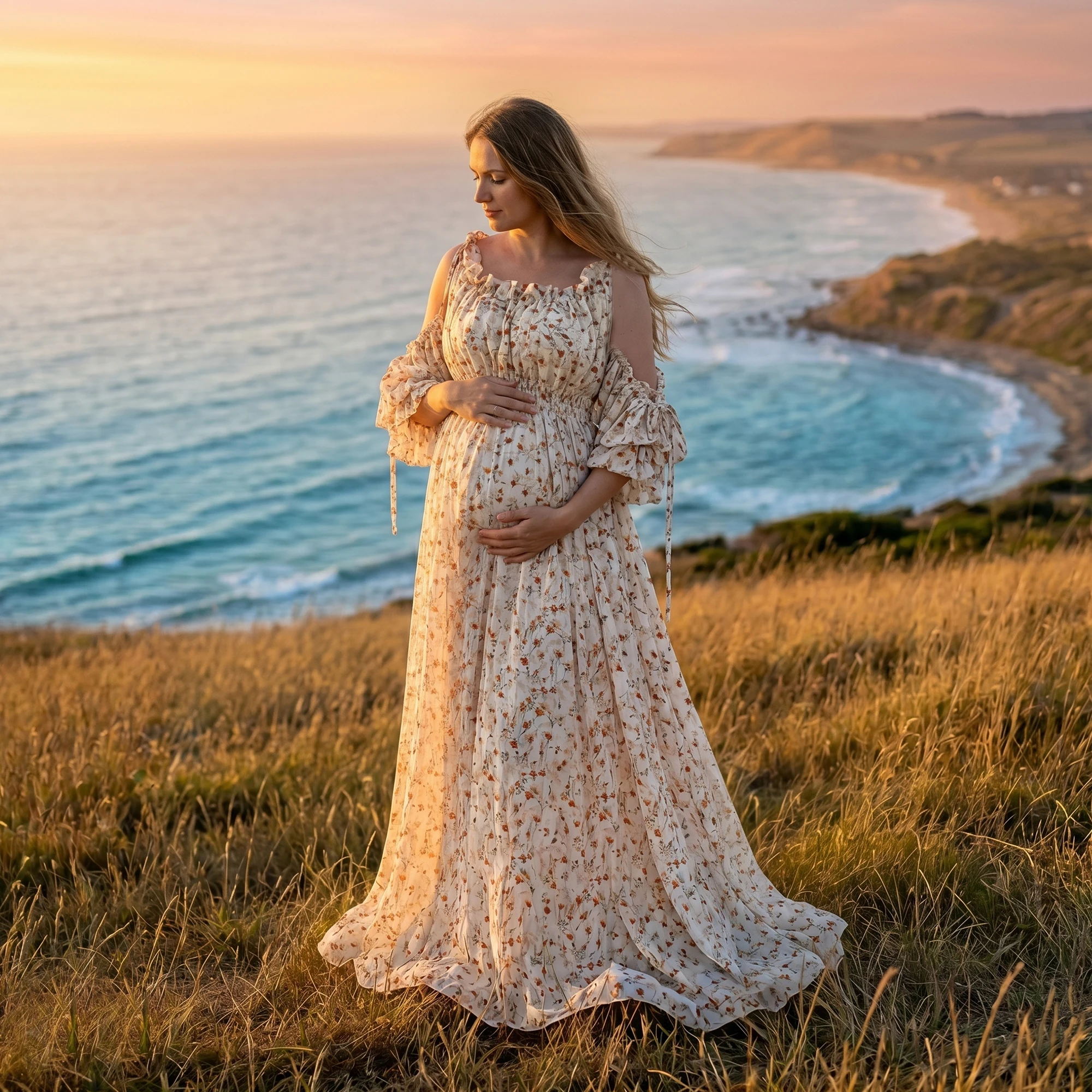 Don&Judy Orange Floral Eyelet Embroidery Chiffon Tie Strap Side Slit Dress Maternity and Non-maternity Gown Photography Dress