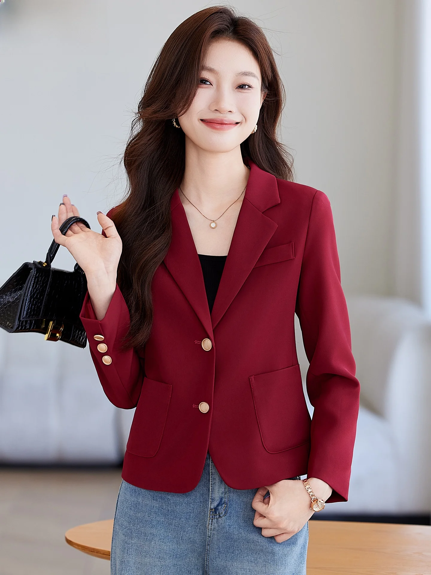 Wine Red Short Suit Jacket Women's Autumn 2026 New Professional High-End Small Size Businesswoman's  Top