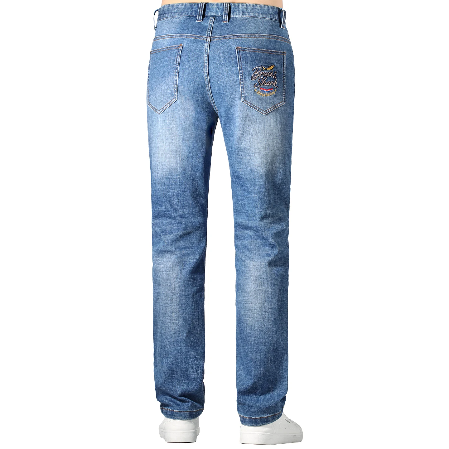 Jeans Biru Pria Klasik, Celana Katun Tebal Elastis Musim Gugur Terbaru, Jeans Denim Pria Bruce&Shark Model Lurus Pinggang Sedang, Ukuran Besar 42