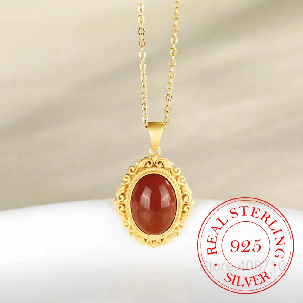 

925 Sterling Silver Jewelry 18K Gold Plated Natural Red Agate Oval Pendant Necklace for Women Wedding Party Girls Friend Gift