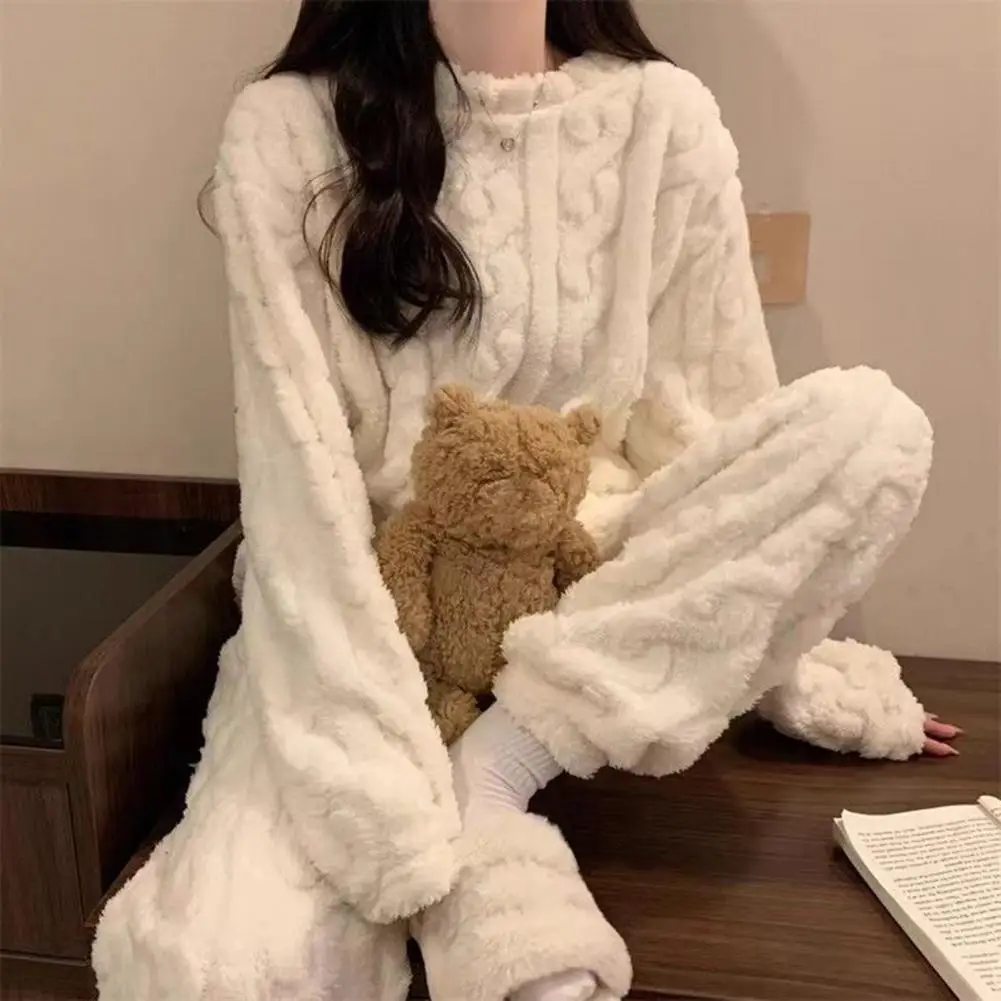 Women's Fleece Pajamas Set Soft Fluffy Pullover Ribbed Two Piece Sleepwear Set Winter Fuzzy Sherpa Velvet Ribbed Lounge Set