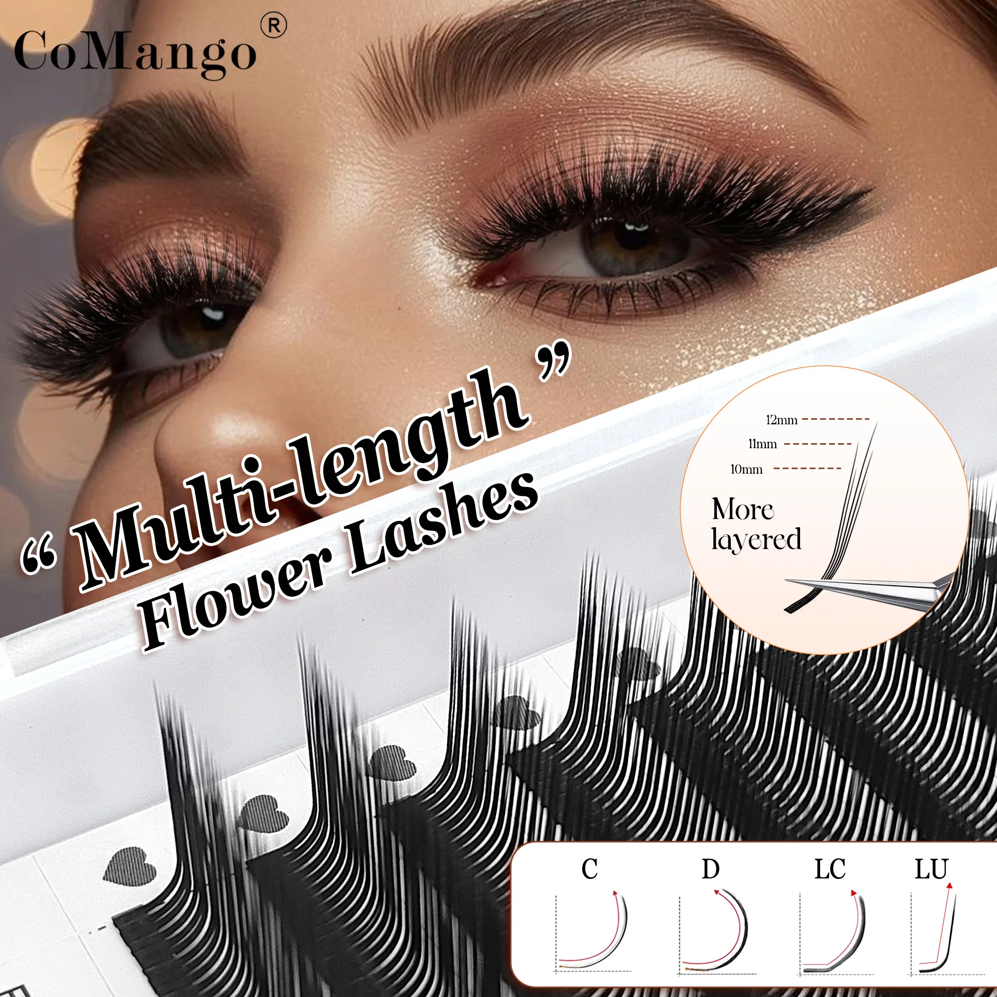 CoMango 3D/5D/6D-Wimpernverlängerung mit unterschiedlichen Längen, „Flower Fairy“-Wimpern, C/D/LC/LU-Spikes, vorgefertigte Volumenwimpern, Fuchs- und Nerzwimpern, Kosmetik