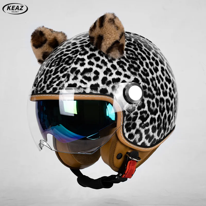 

Latest Design White Leopard Print 3/4 Open Face Motorcycle Helmet with Double Ear Guard Advanced Multi-Ventilation DOT Certified