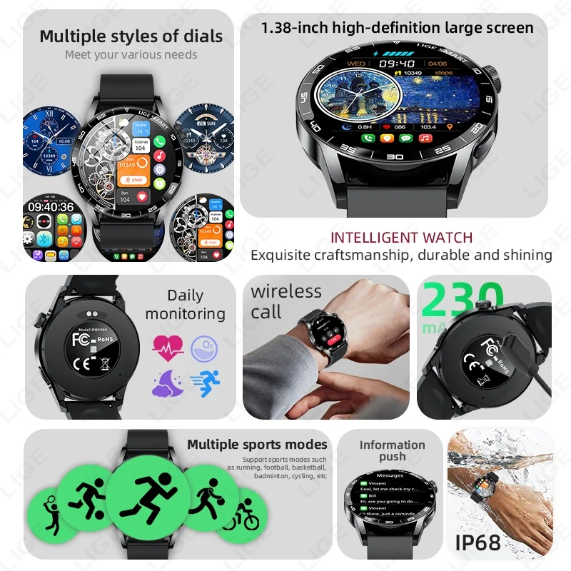 LIGE HD شاشة رياضية للياقة البدنية معدل ضربات القلب بلوتوث دعوة Smartwatch 2025 جديد مقاوم للماء في الهواء الطلق الرجال موضة ساعة ذكية النساء