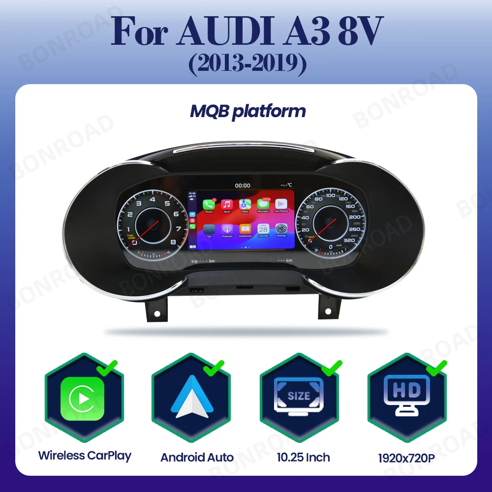BONROAD 10.25" Digitaal CarPlay Android Auto Instrumentenpaneel Dashboard voor Audi A3 8V Navigatie Snelheidsmeter Cockpit Met HDMI